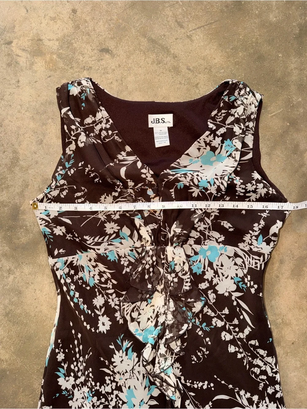 J.B.S. Brown Floral Sleeveless Ruffle V-Neck Midi Dress Size 10 - Picture 6 of 11